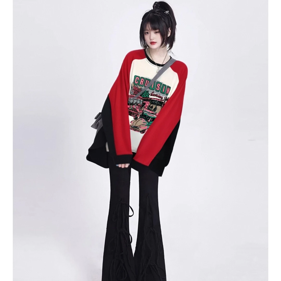 拼接无帽插肩袖大码卫衣女春秋季纯棉圆领复古卡通怪兽内搭上衣