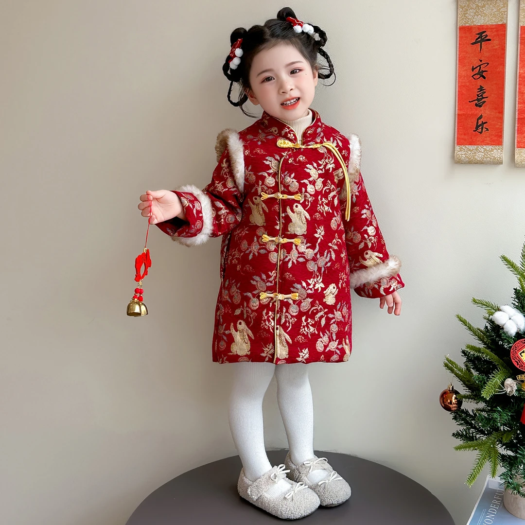 拜年服女童旗袍裙冬季儿童汉服中国风棉服外套宝宝喜庆加厚连衣裙