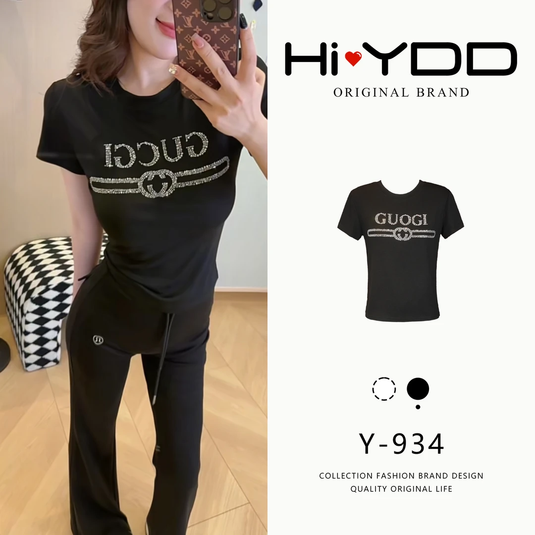 YDD•「Y-934」夏季高级感正肩烫钻收腰短袖T恤上衣AZ-9063