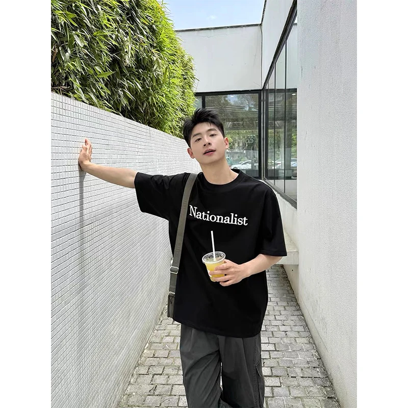 圆领男装半袖25夏季印花潮流T恤宽松宽松型字母ins黑色黑色短袖