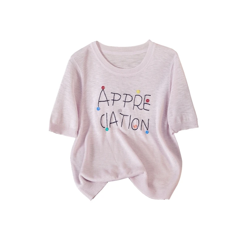 她池2025夏季新款女装甜美减龄撞色纽扣圆领宽松针织衫T52X2181Z