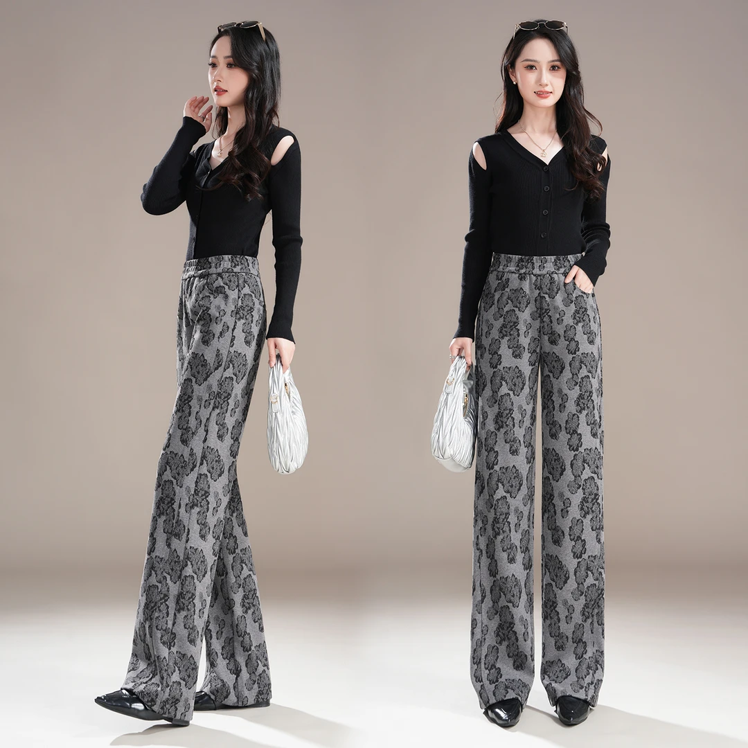 新中式高腰印花阔腿裤2025潮流秋季新款女裤国风宽松直筒休闲裤