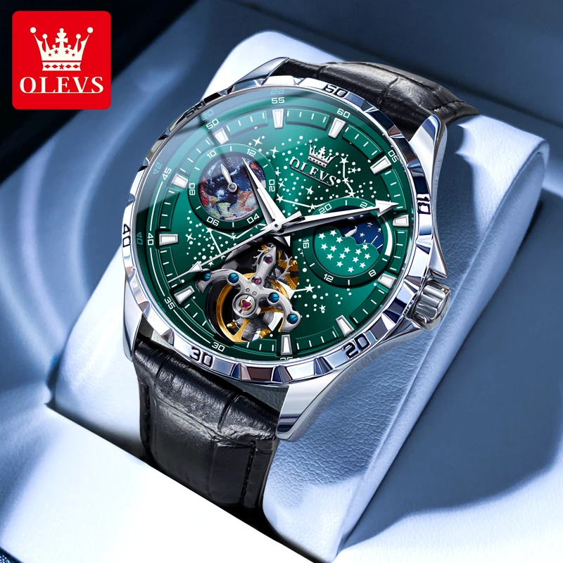 欧利时瑞士认证品牌手表男士机械表多功能防水夜光新款皮表带腕表
