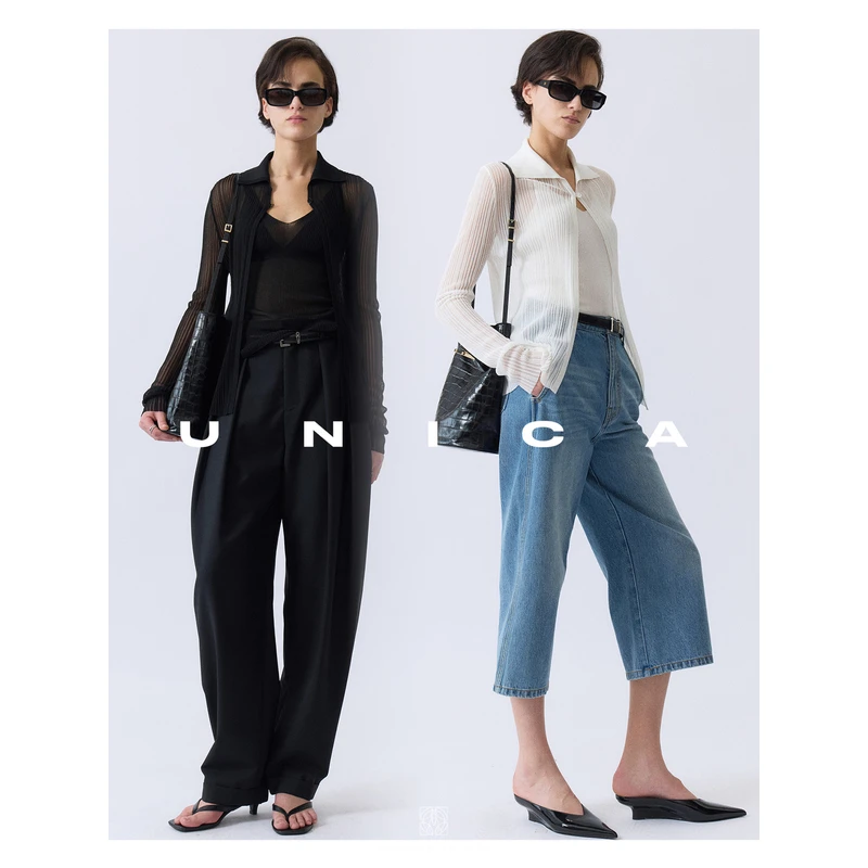 UNICA/透视叠穿朦胧柔美_定纺VISCOSE清凉干爽感坑条微透开衫吊带