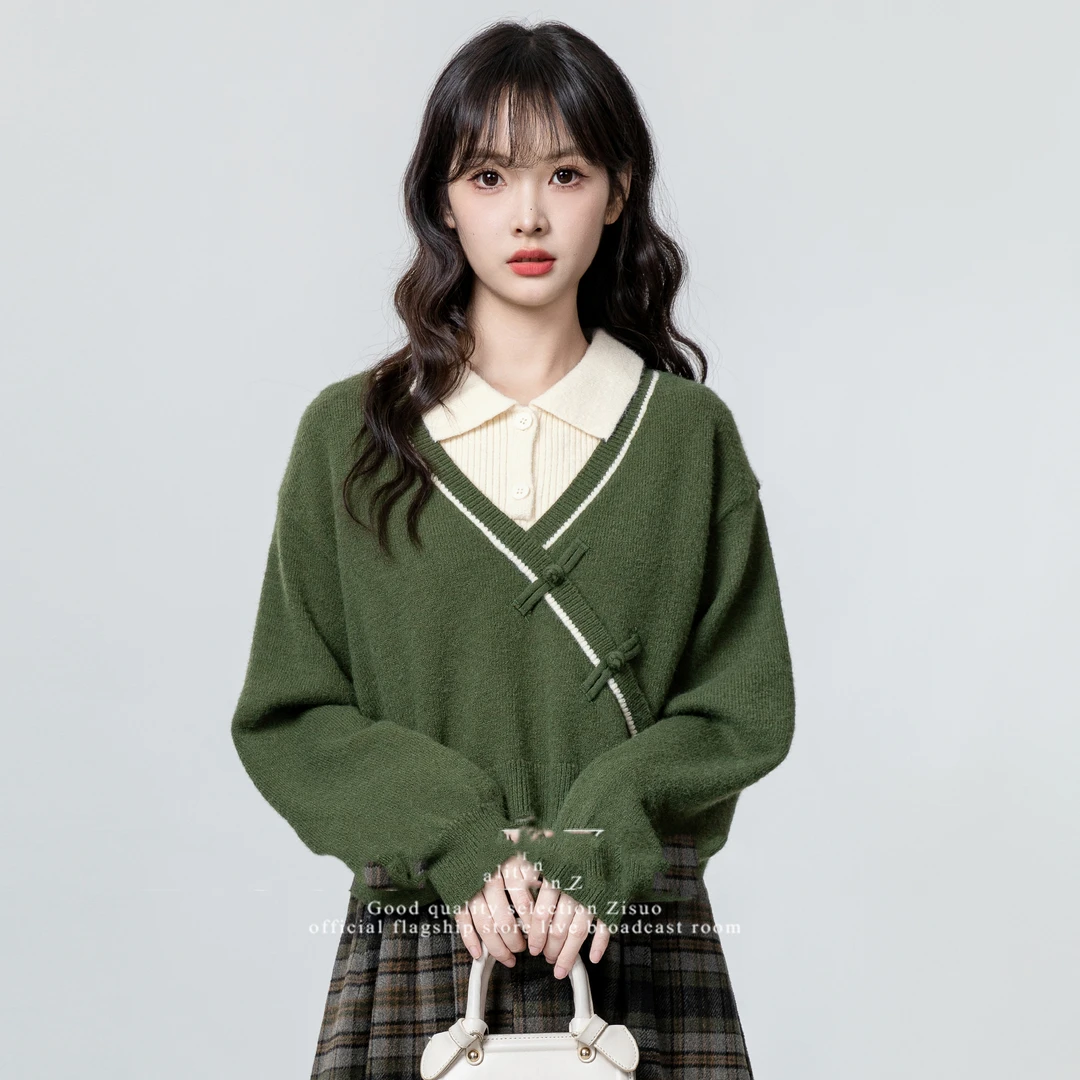 【大码】217春秋季新款新中式盘扣翻领毛衣上衣