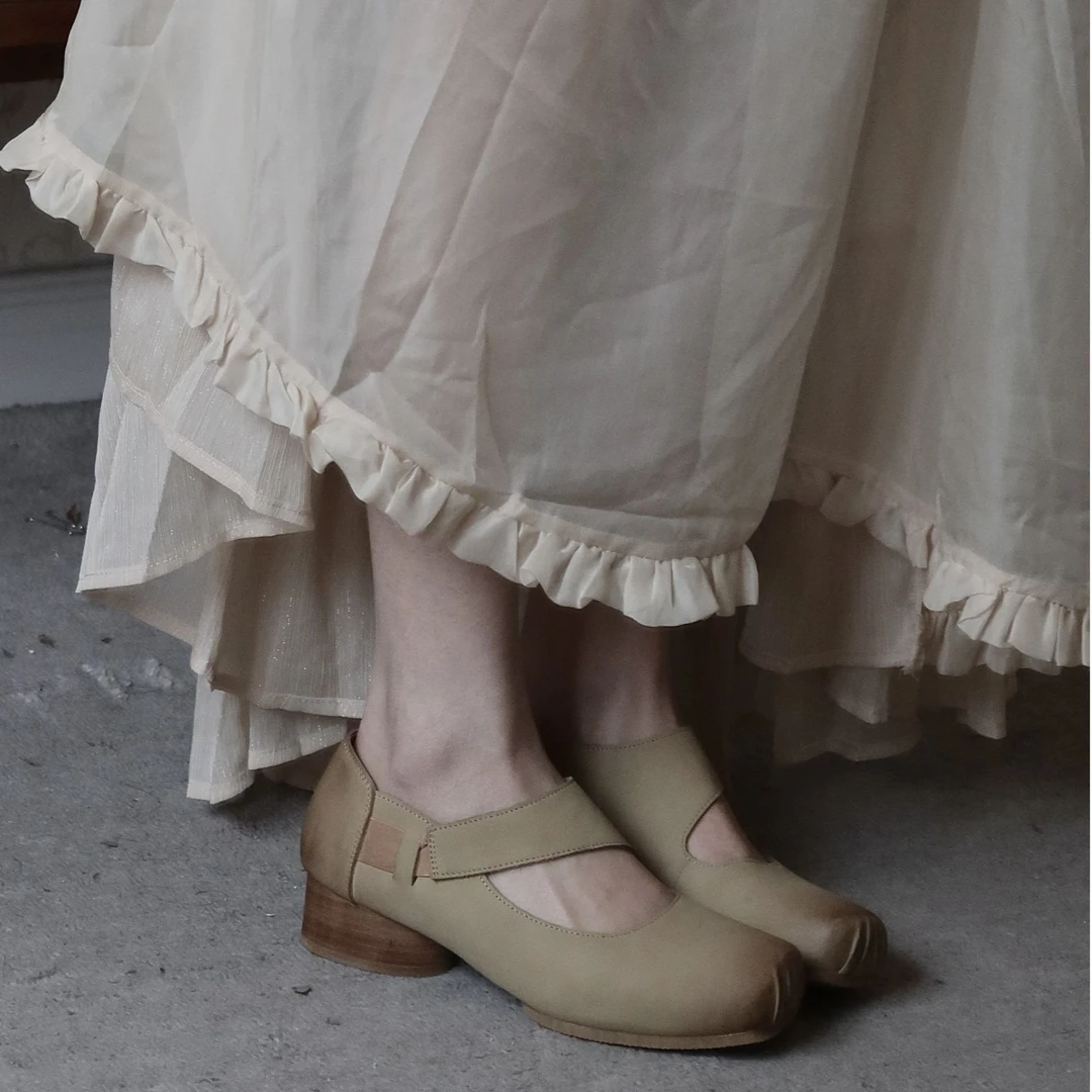 新品小众擦色百搭芭蕾舞鞋高跟手工猪头鞋复古玛丽珍单鞋女新中式