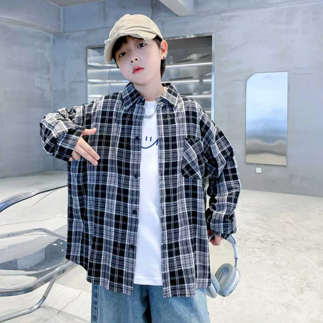 男童2025新款韩范酷帅百搭长袖格子衬衫春秋款宽松衬衣外套5187