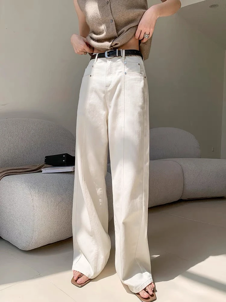 韩国拆包/No退直筒阔腿高腰显瘦白色牛仔裤