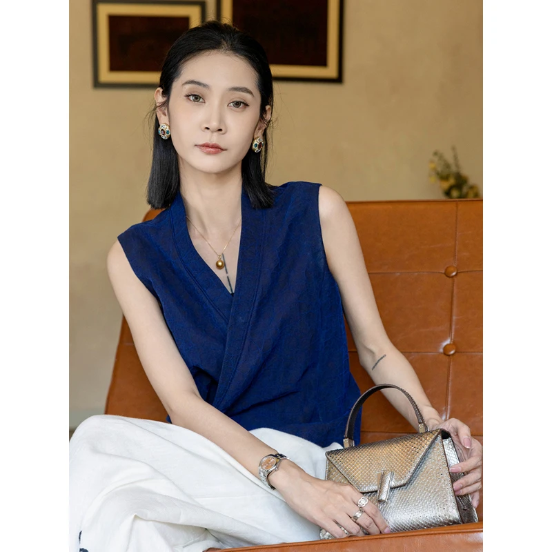 CHENSMCHEN 香云纱蓝龟马甲女夏季外穿复古新中式上衣CSHJ5045MX