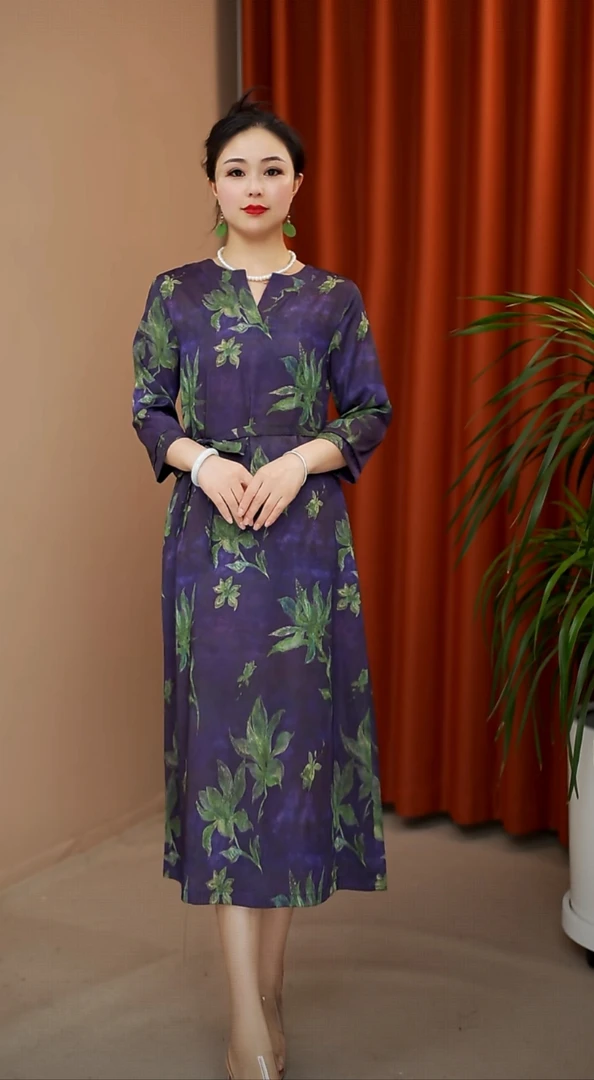 彼岸花YJ3851时尚妈妈装中长款连衣裙