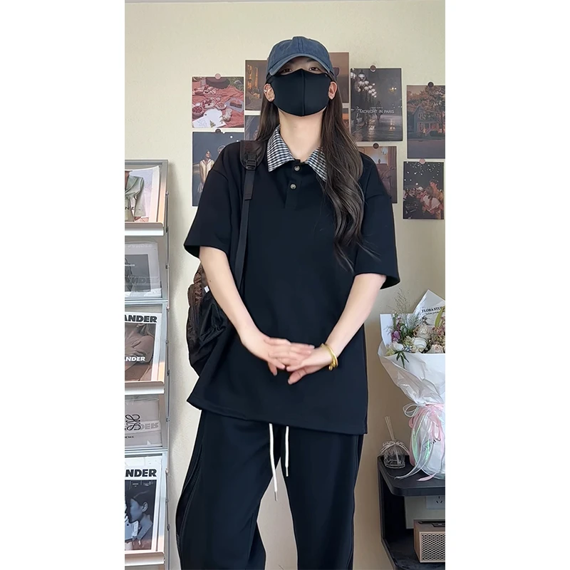 JG军格潮牌复古格子拼接polo领短袖T恤男夏季宽松休闲翻领情侣