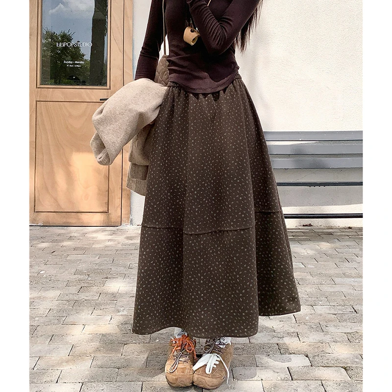 复古高腰显瘦波点半身裙女秋冬新款a字中长裙毛呢大摆裙子