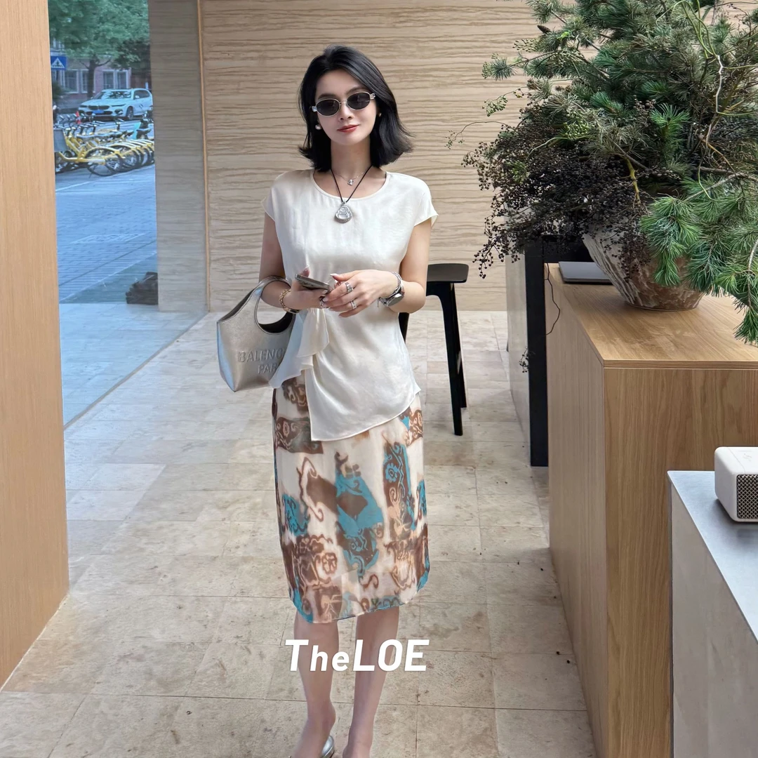 TheLOE/桑蚕丝修身直筒显瘦高腰油画减龄半身裙#06.11Q-G5711