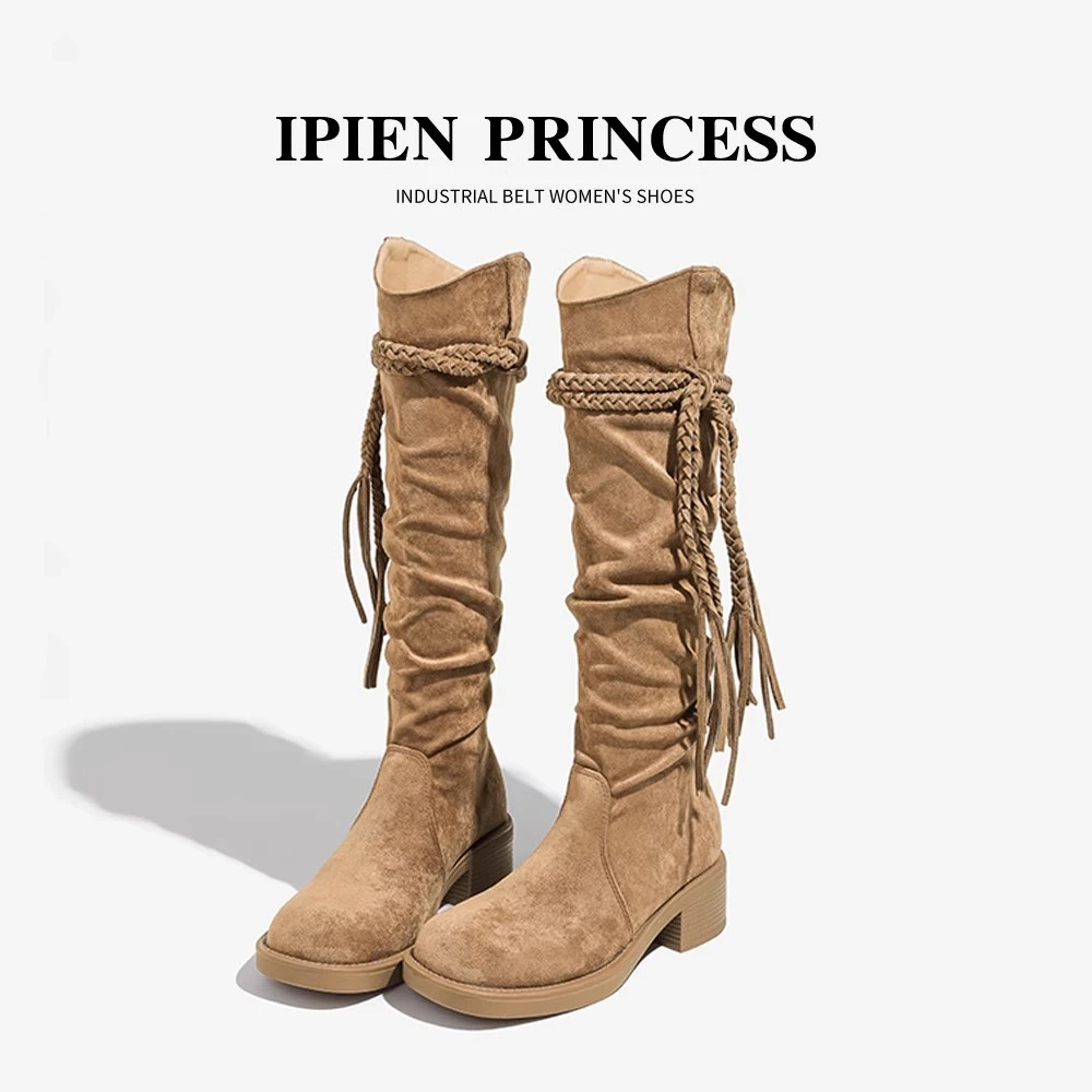 西北旅游复古骑士穿搭长筒靴子2025秋新款流苏堆堆靴棕色牛仔靴女