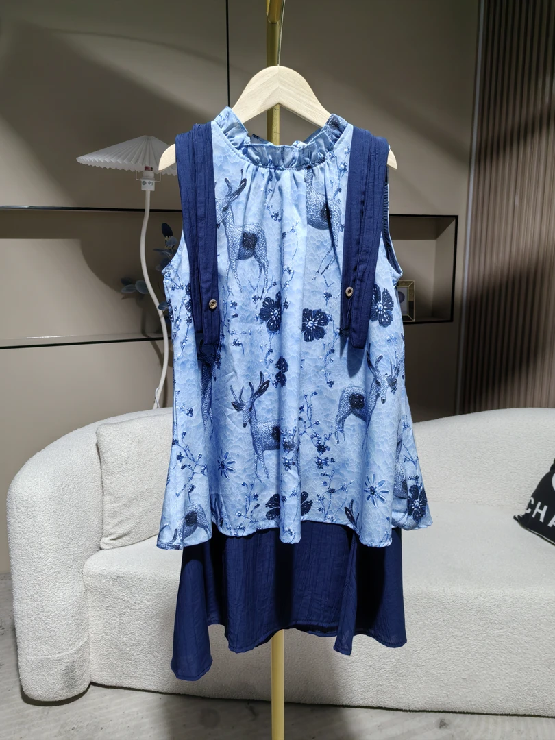 女童夏季无袖连衣裙女孩复古时尚国风碎花裙子儿童设计师款连衣裙