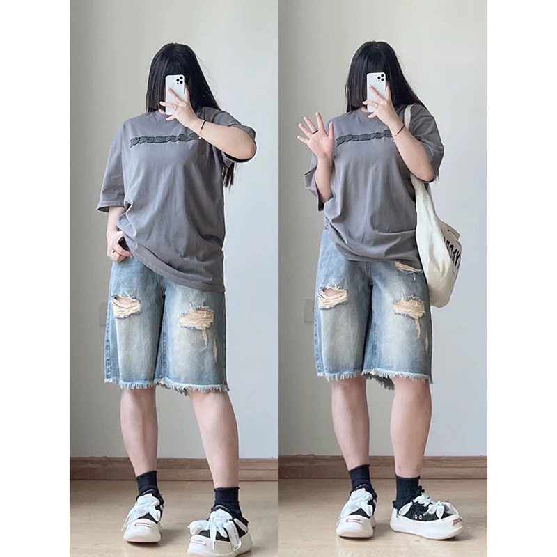 2-300斤胖mm直筒破洞牛仔短裤女夏季裤子大码女装显瘦阔腿五分裤