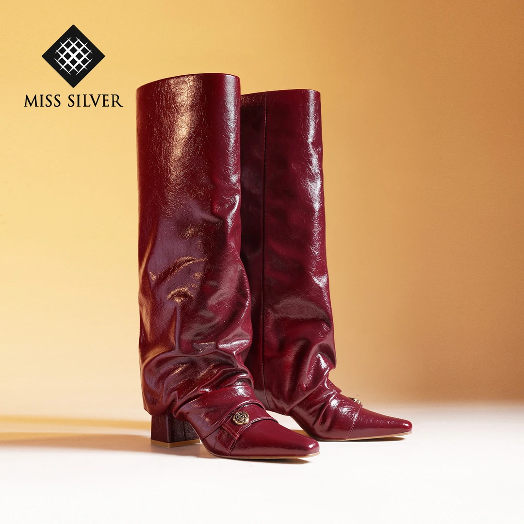 MISSSILVER真皮粗跟长靴女2025冬季新款显瘦时尚皱皱长筒靴