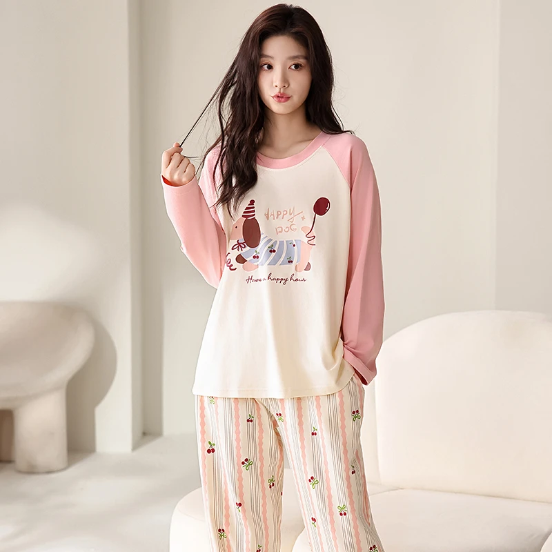 长袖春秋季少女粉睡衣女休闲家居服套装外穿