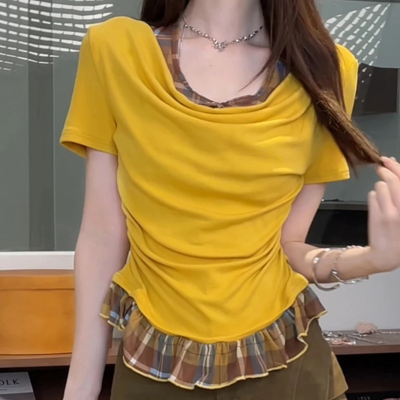 2025夏季新款甜美风假两件拼接挂脖格纹褶皱设计感短袖上衣