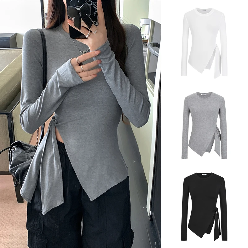 Moses Queen/魔西女王不规则飘带T恤女圆领长袖打底衫显瘦上衣服