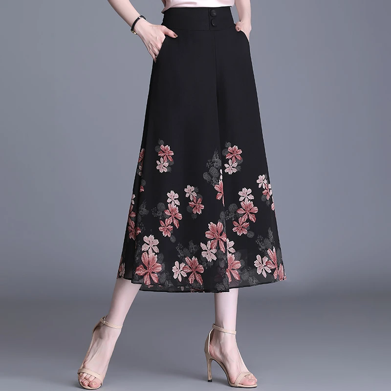 休闲裤阔腿裤印染夏季印花显瘦休闲薄款高弹力高腰碎花女裤