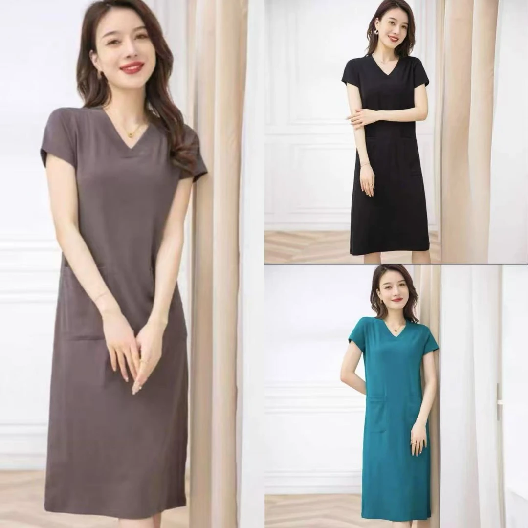 8276-（太空棉）口袋V领（颜色任意）中长T袖裙