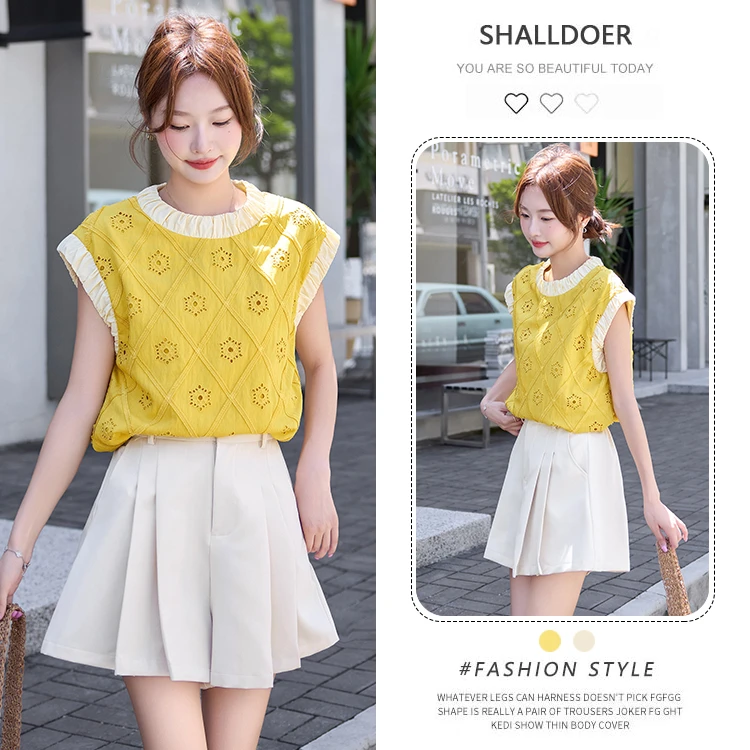 港风气质复古时尚套装夏季新镂空宽松格纹上衣休闲百搭短裤两件套