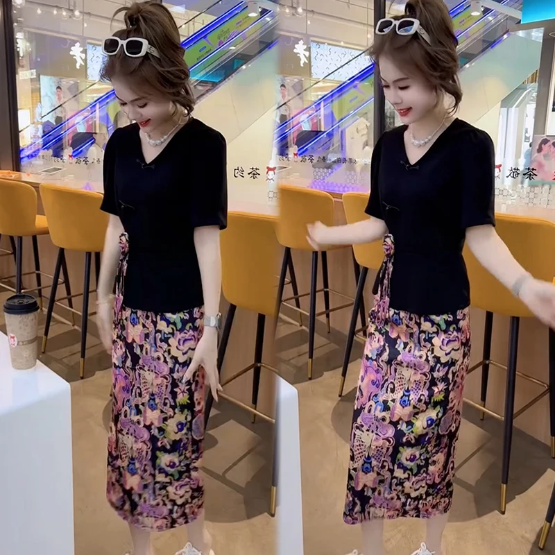 2025春夏季新款时尚显瘦气质网红高档女宽松大码短袖裙子两件套潮