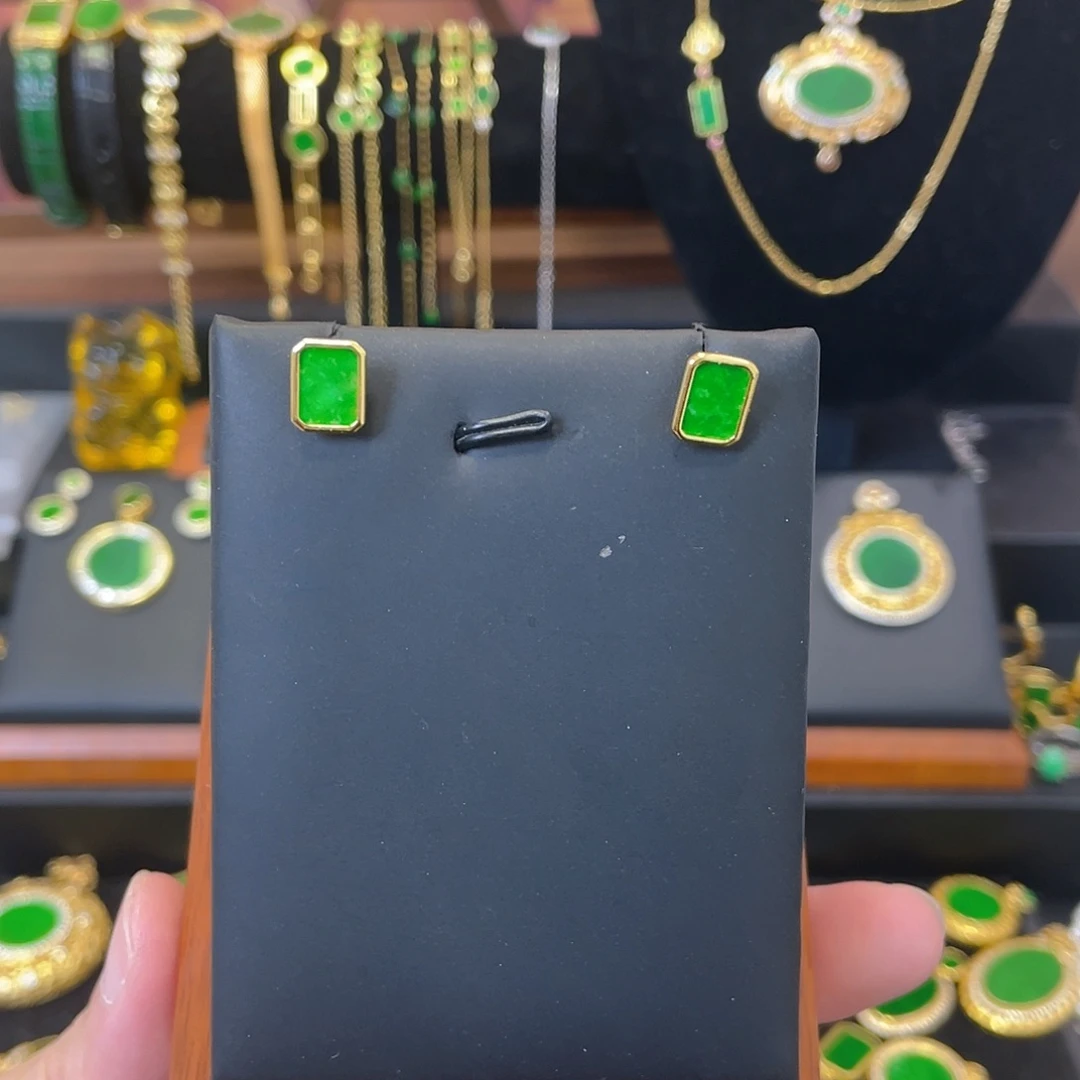 翡翠银S925镀金镶嵌耳饰