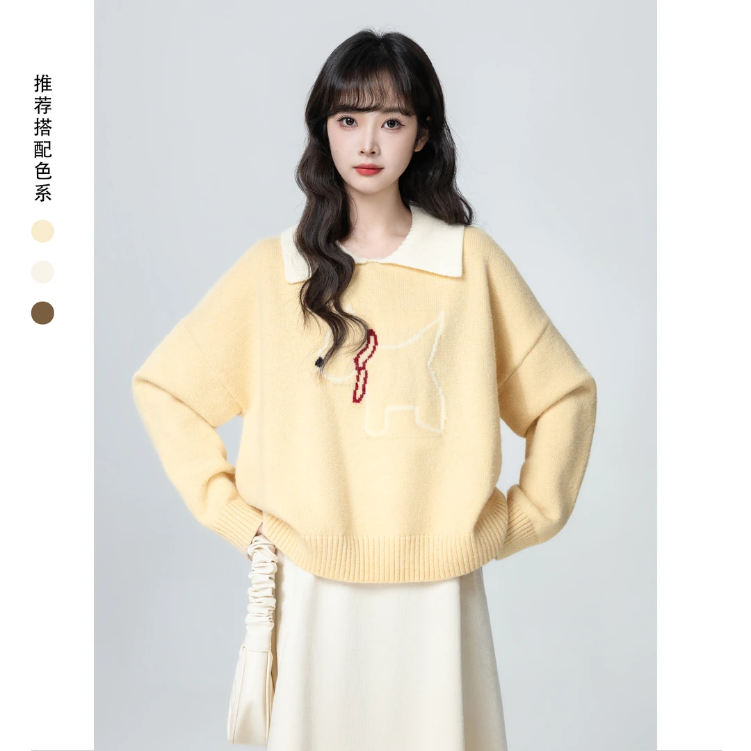黄色翻领毛衣女秋冬2025冬季新款小狗刺绣宽松加厚针织衫短款上衣