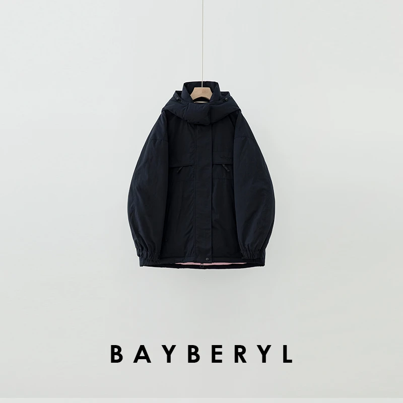 Z6-BAYBERYL老贝藏青拼粉厚保暖连帽休闲宽松羽绒服YRF4L1832