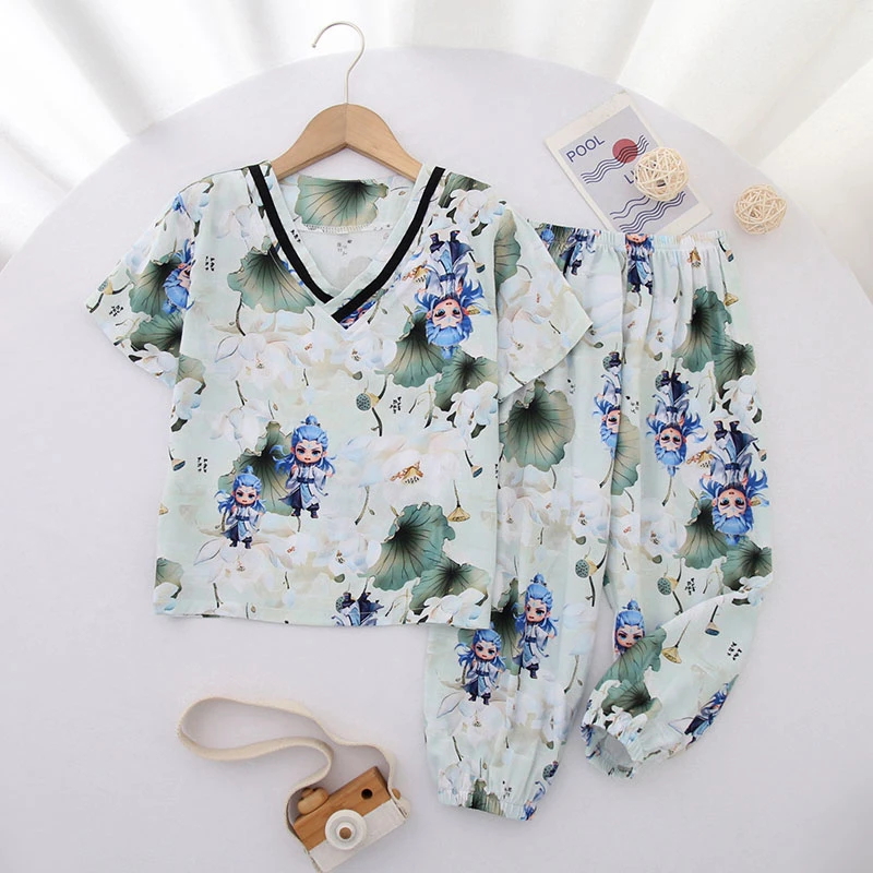 夏季儿童棉绸睡衣套装人造棉短袖长裤套头薄款睡衣宝宝凉快空调服