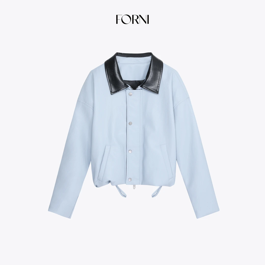 FORNI 冰皮蓝宝石 微光泽感油蜡解构撞色拼接PU皮衣廓形夹克外套