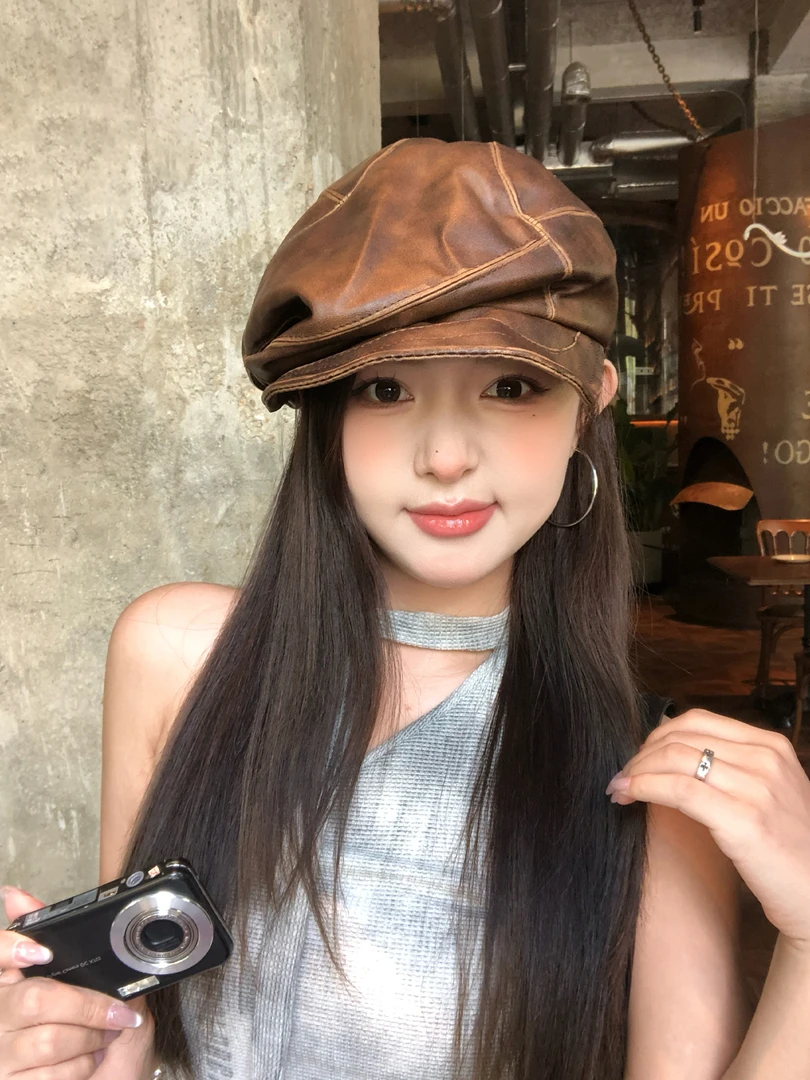 英伦复古褶皱废土风皮质贝雷帽女夏季街头辣妹个性显脸小八角帽子