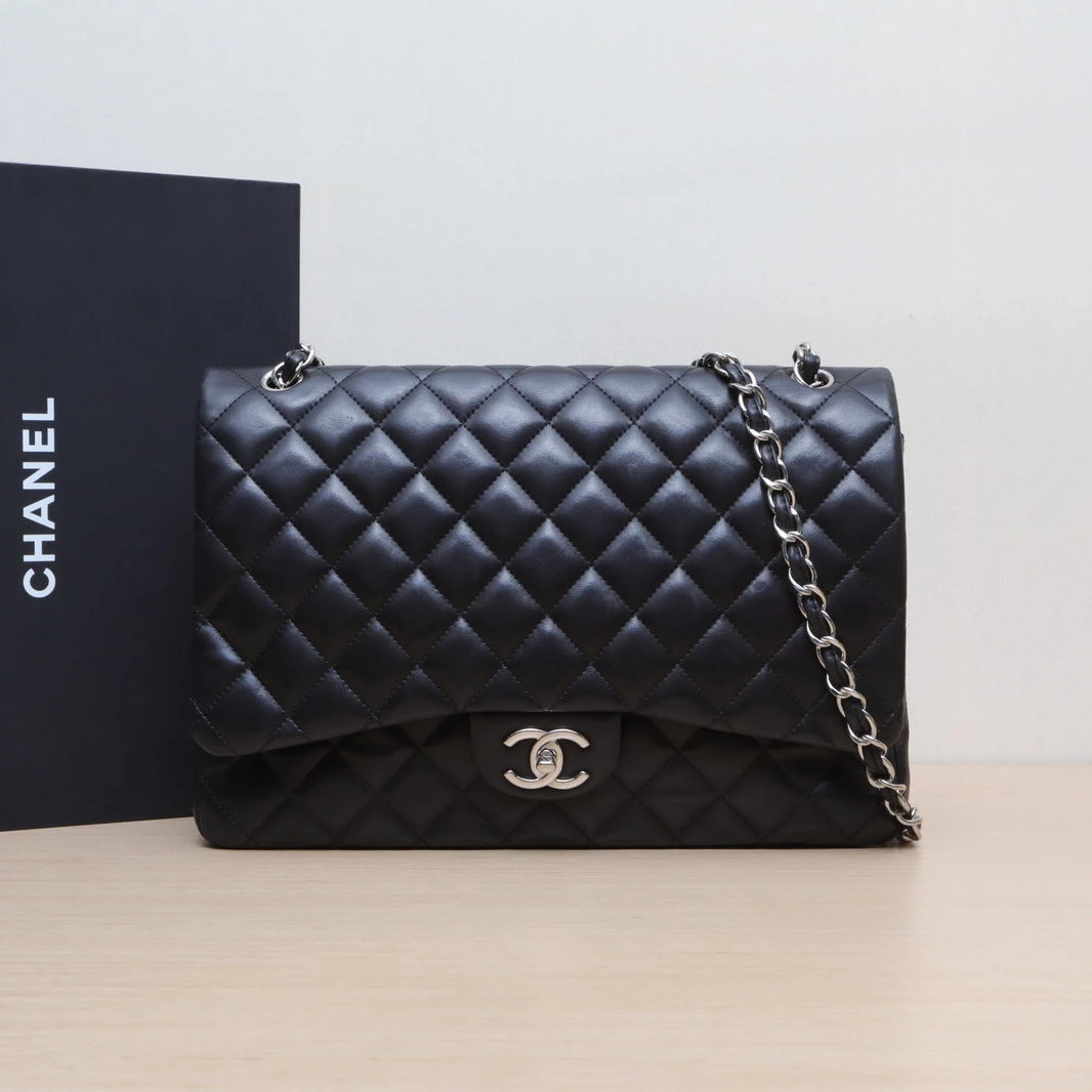 95新 Chanel/香奈儿 【双双】CF 口盖包 MAXI 33cm 黑色 皮革S