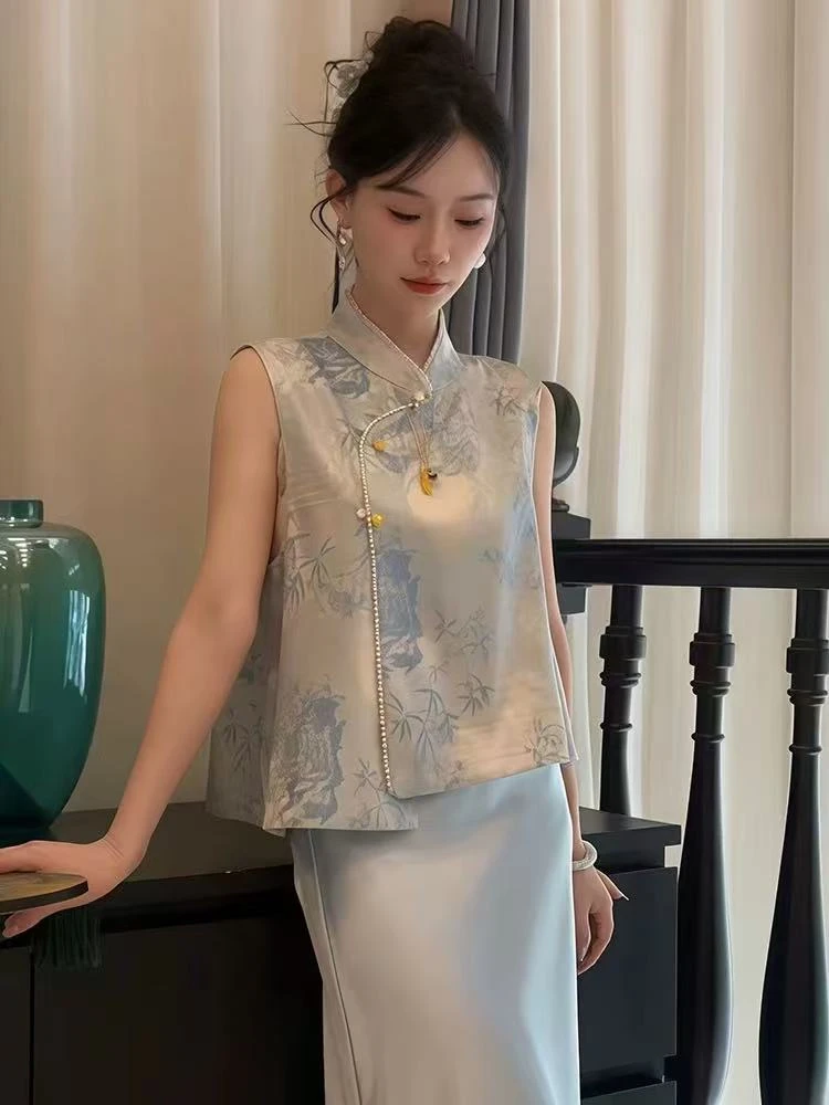 2025夏季新中式国风网红提花气质百搭洋气钉珠时尚上衣马夹女