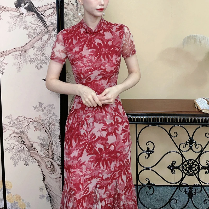 【繁花朵朵】原创设计中国改良旗袍鱼尾显瘦修身优雅日常连衣裙