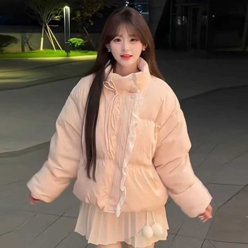 刺绣蝴蝶结新款棉服日系甜美小个子短款加厚外套面包冬季少女棉衣