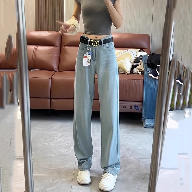 天丝软牛仔裤女弹力夏季薄款莱赛尔垂感直筒宽松冰丝阔腿休闲裤子