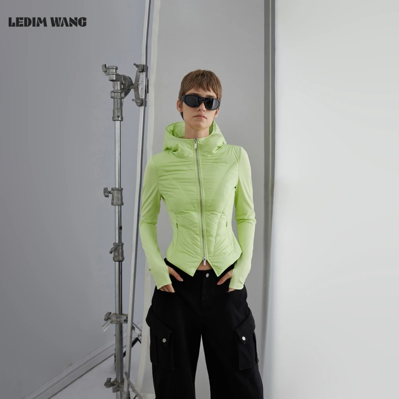 LEDIM WANG白标/可露丽风连帽薄款羽绒服女25冬新款鹅绒修身绿色