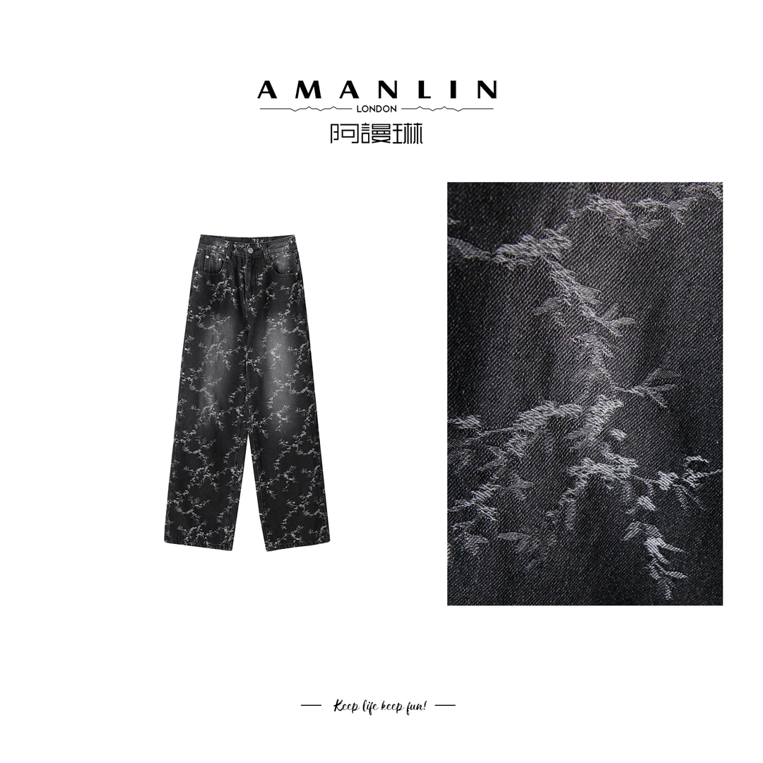 【AMANLIN】法式设计感花纹印花直筒百搭小众直筒牛仔长裤F595306
