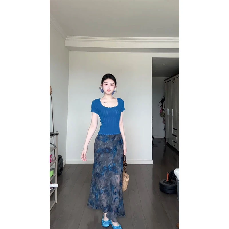 纯欲辣妹风U领花边短袖针织衫女夏季新款修身显瘦印花半身长裙潮