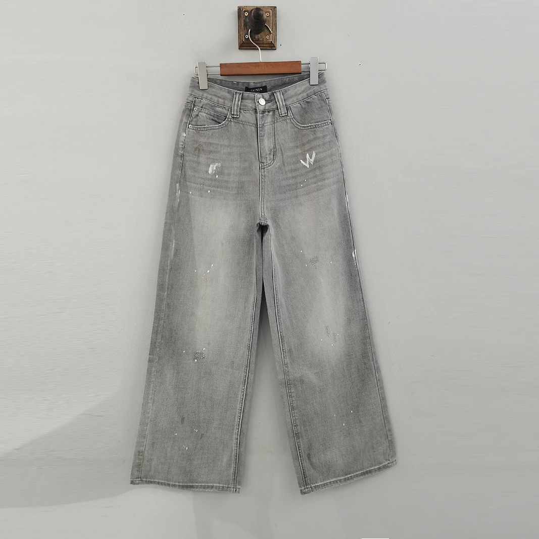 KCNFS04B麦寻2025夏做旧工地风通勤百搭高腰显瘦阔腿裤牛仔裤女