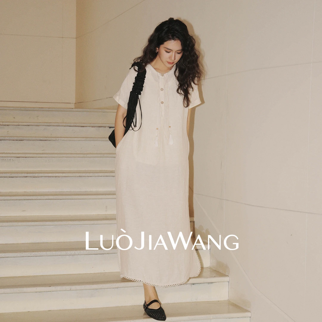 亚麻汉麻混纺夏季气质时髦复古设计师短袖宽松连衣裙LUOJIAWANG