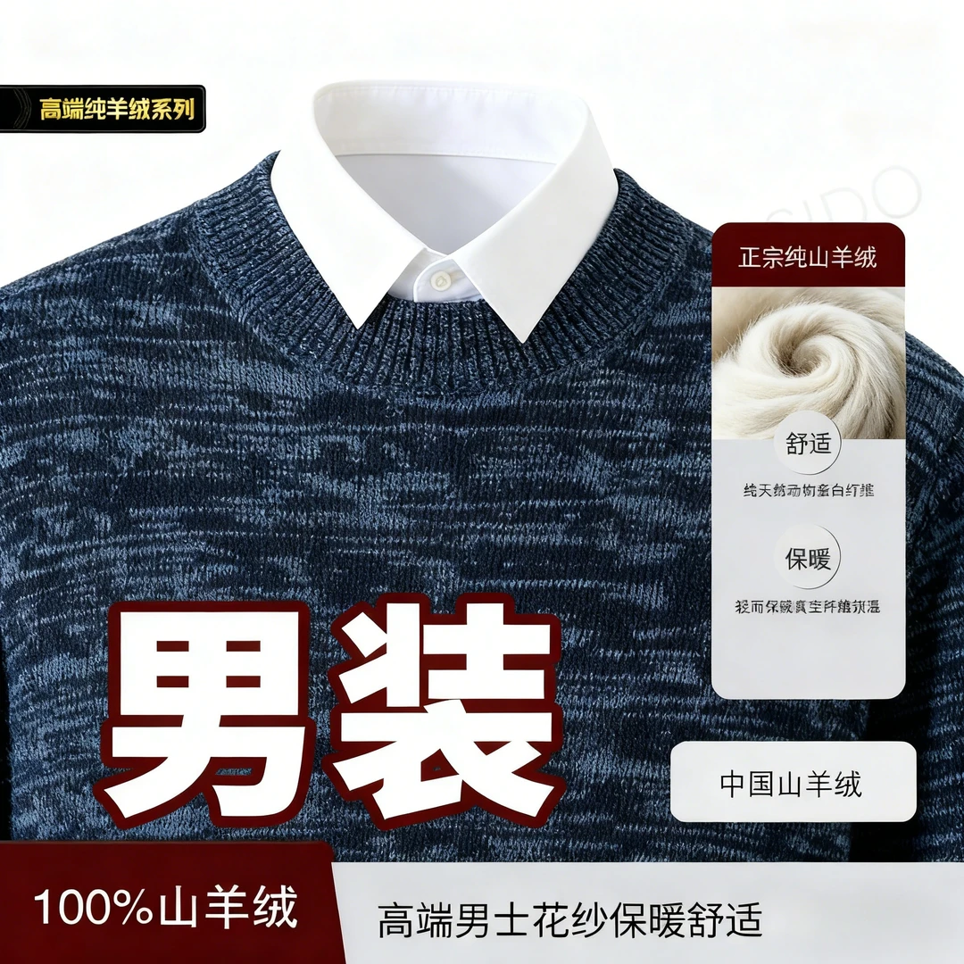 【花纱羊绒】男士纯羊绒粗针圆领特厚保暖锁温休闲舒适羊绒衫8850