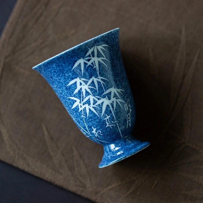 国潮主人杯洒蓝手绘留白雅竹主人杯家用陶瓷闻香杯茶茶具配件