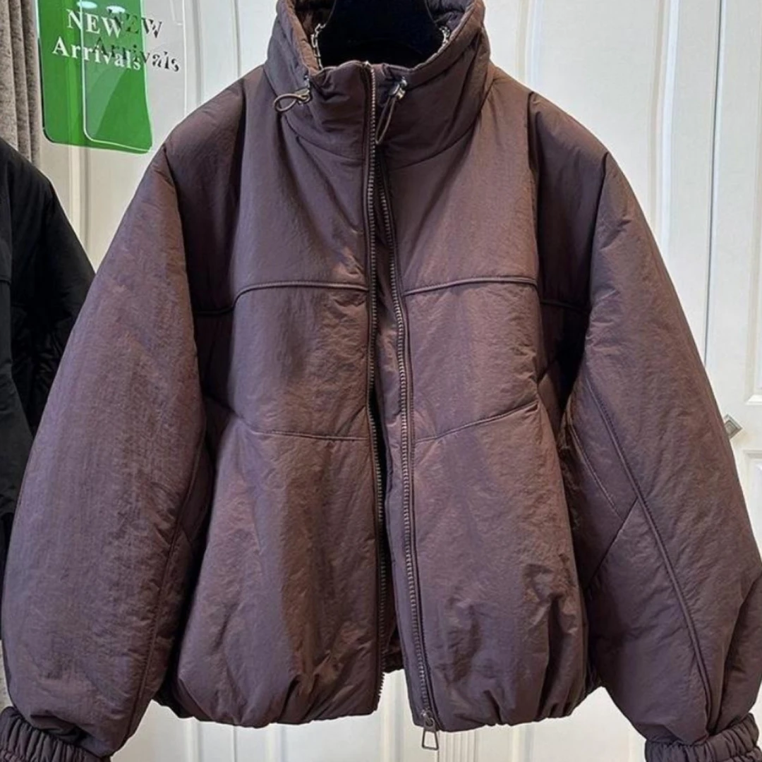 高级感抽绳立领纯色短款棉服女外套2025冬季显瘦休闲夹棉轻薄棉衣