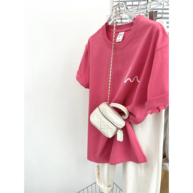 粉红色洋气印花短袖减龄耐看欧货2025年夏季半袖大版港风ins纯棉