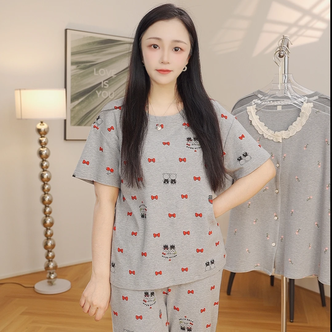 短袖短裤+长裤带胸垫7夏季家居服可外穿睡衣女士三件套