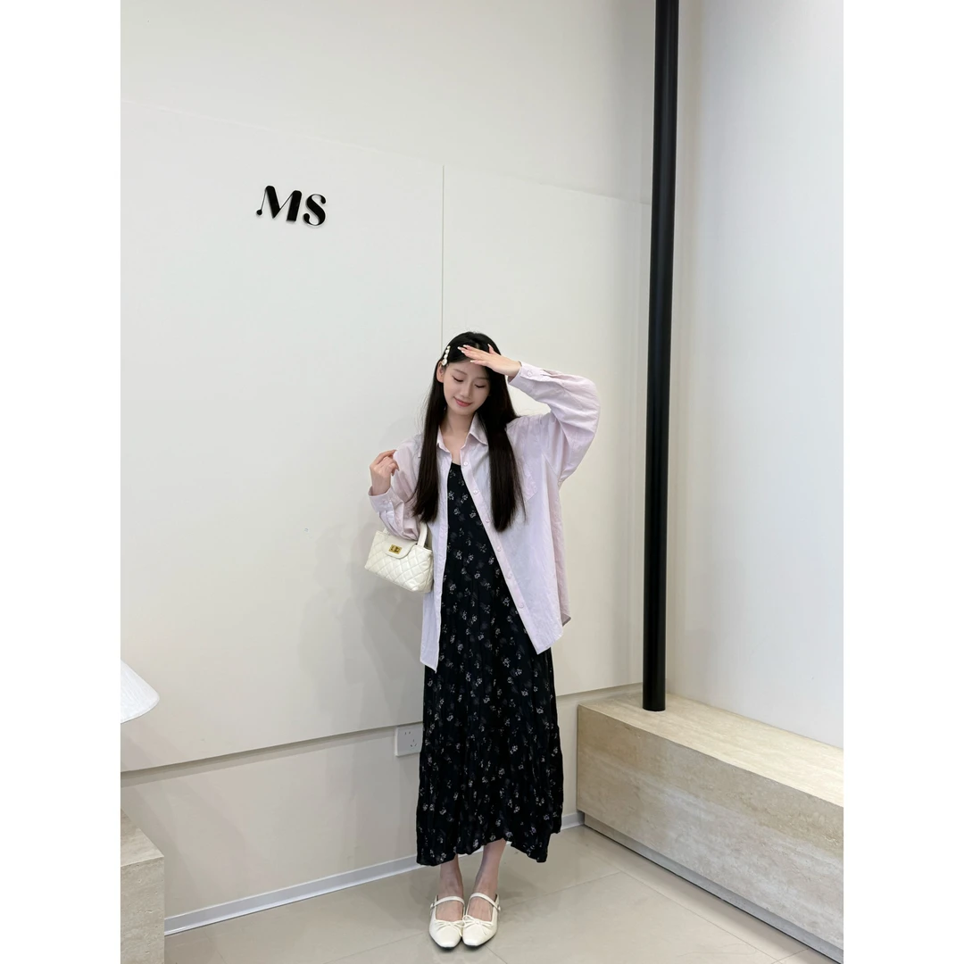 韩系翻领时尚衬衫+吊带碎花连衣裙两件套2025早秋款